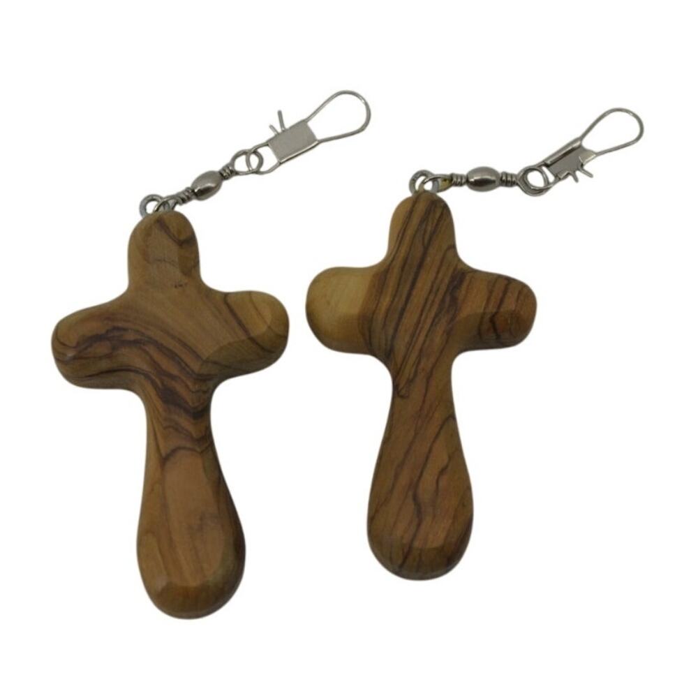 Lot of 2 Crosses Fishing Hooks Hand Carved 3.5" Natural Wood